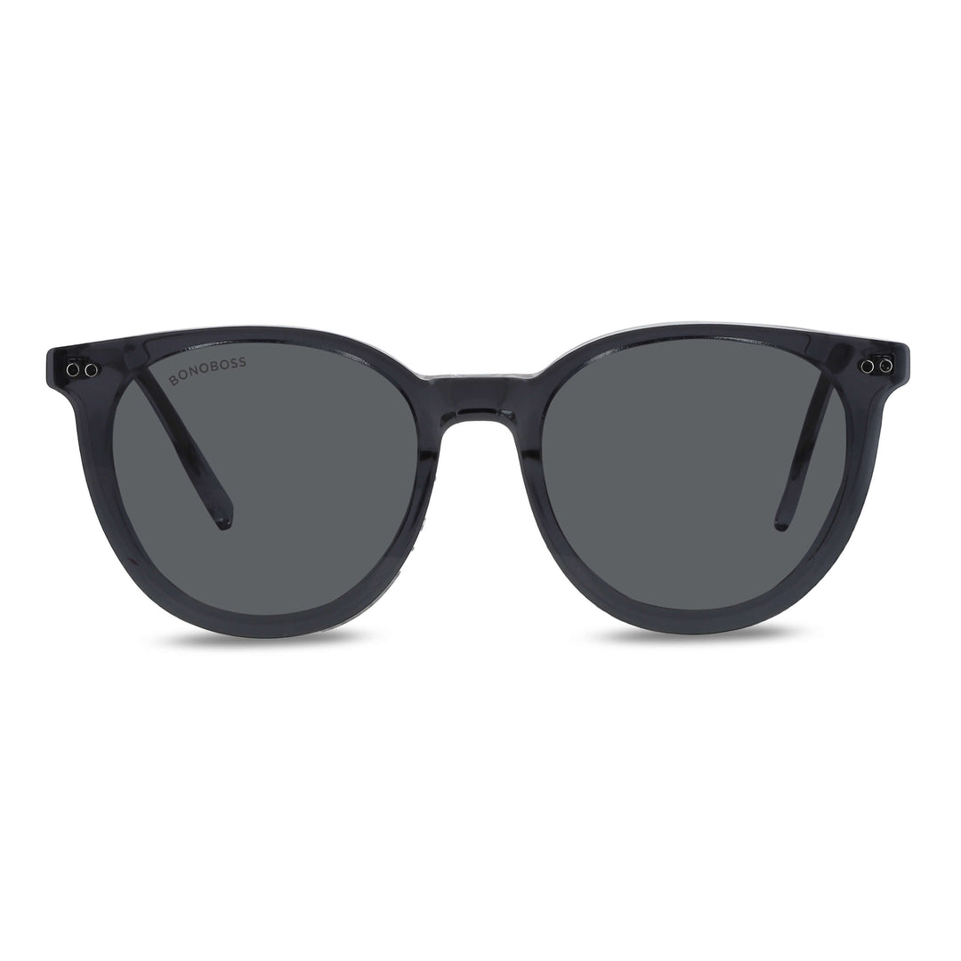 Eyeglasses or optical frames with iman or sun clip-on polarized forma round for mens and womenes. angled view and frames color clear Bonoboss #color_transparente