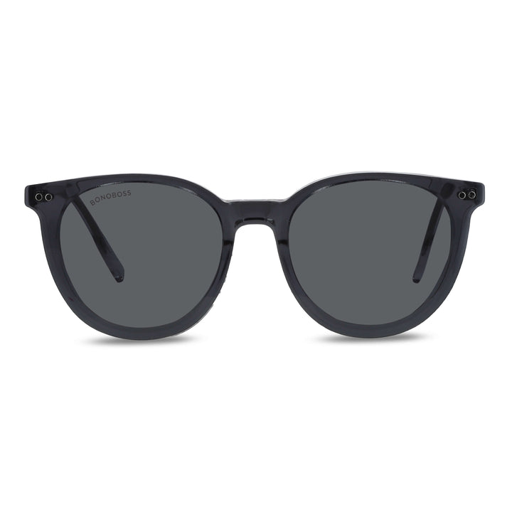 Eyeglasses or optical frames with iman or sun clip-on polarized forma round for mens and womenes. angled view and frames color clear Bonoboss #color_transparente