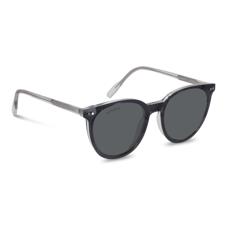 Eyeglasses or optical frames with iman or sun clip-on polarized forma round for mens and womenes. angled view and frames clear Bonoboss #color_transparente