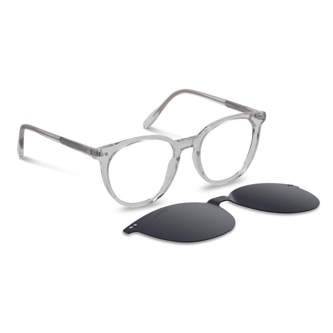 Eyeglasses or optical frames with iman or sun clip-on polarized forma round for mens and womenes. angled view and frames clear Bonoboss #color_transparente