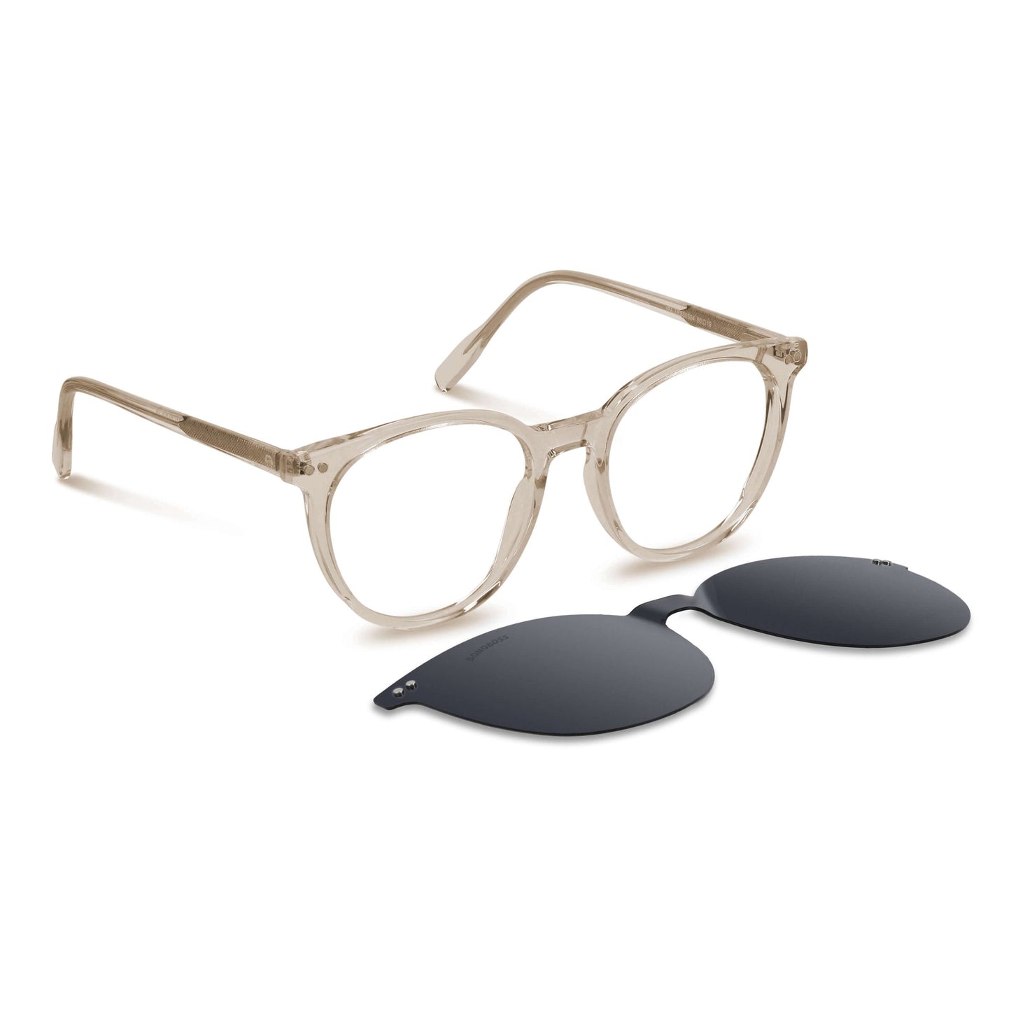 anteojos o marcos ópticos con iman o clip de sol polarizados de forma redondos para hombres y mujeres. Vista angulada 2 y armazones de color cafe #color_brown