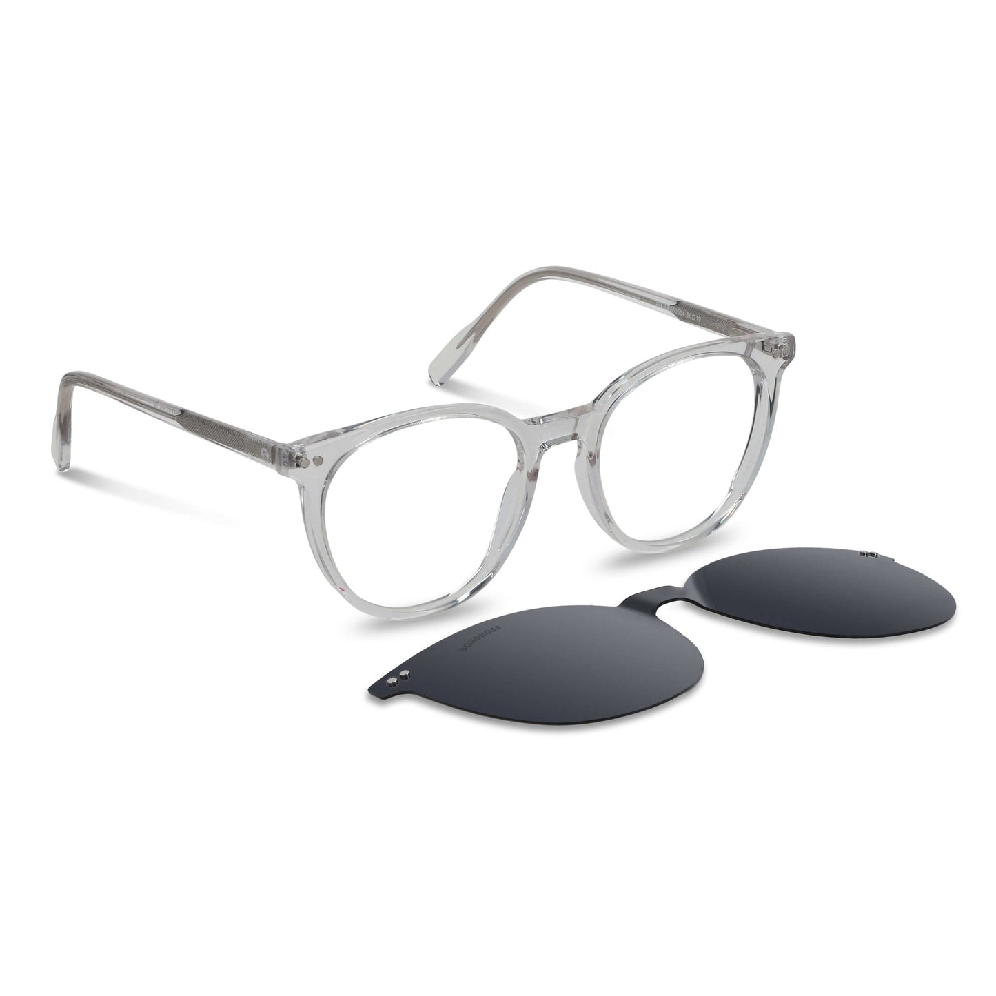 anteojos o marcos ópticos con iman o clip de sol polarizados de forma redondos para hombres y mujeres. Vista angulada y armazones de color transparente #color_transparente