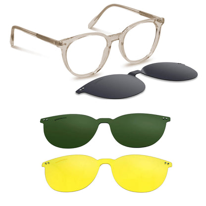 anteojos o marcos ópticos con iman o clip de sol polarizados de forma redondos para hombres y mujeres. Vista angulada y armazones de color cafe #color_brown