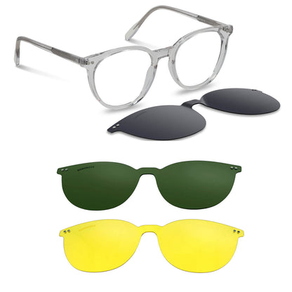 anteojos o marcos ópticos con iman o clip de sol polarizados de forma redondos para hombres y mujeres. Vista angulada y armazones de color transparente #color_transparente