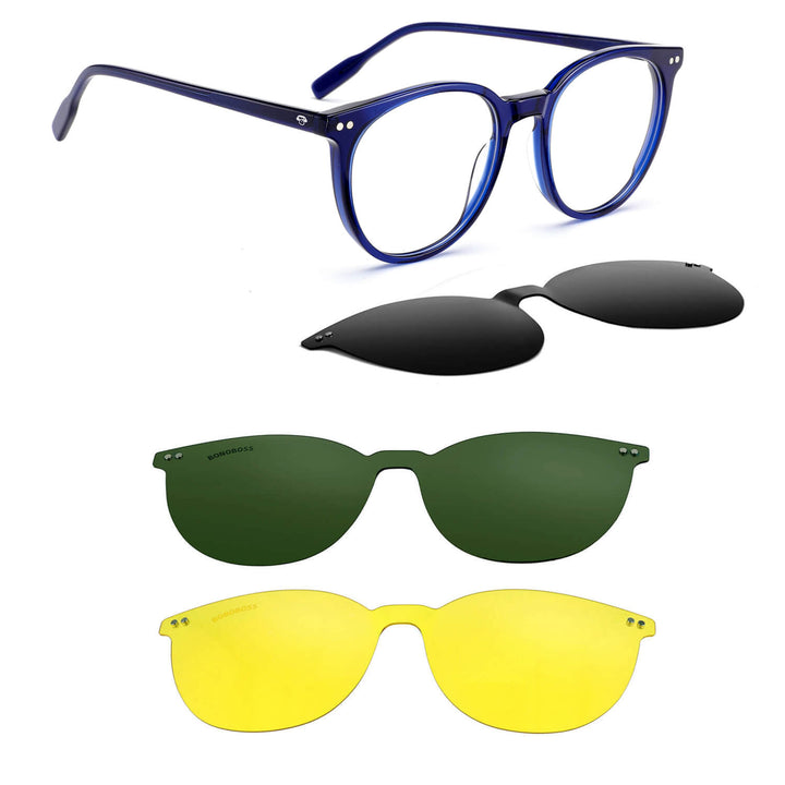 Eyeglasses or optical frames with iman or sun clip-on polarized forma round for mens and womenes. angled view and frames color blue Bonoboss #color_azul