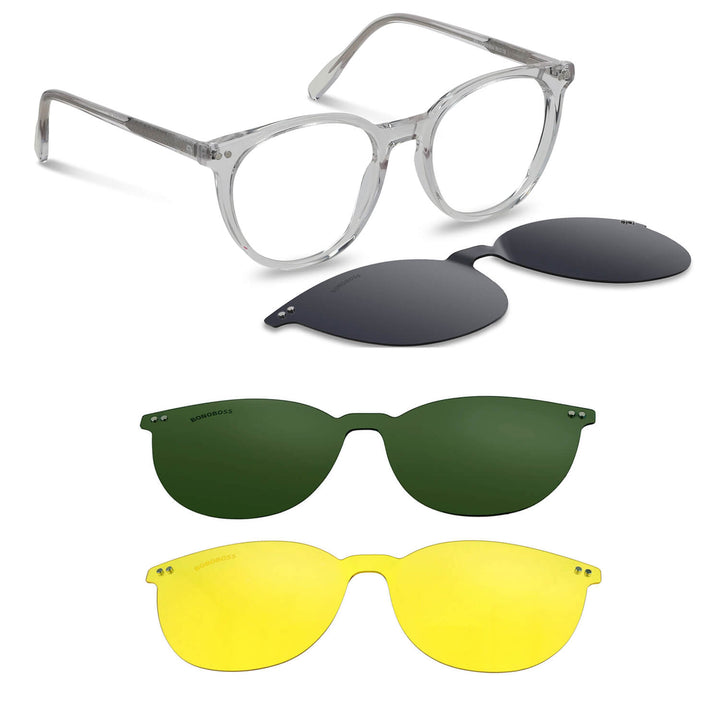 Eyeglasses or optical frames with iman or sun clip-on polarized forma round for mens and womenes. angled view and frames clear Bonoboss #color_transparente