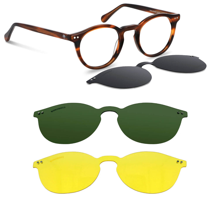 Optical frames round with sobre lente sun clip-on iman polarized for men and women tortoise angled view Bonoboss #color_carey