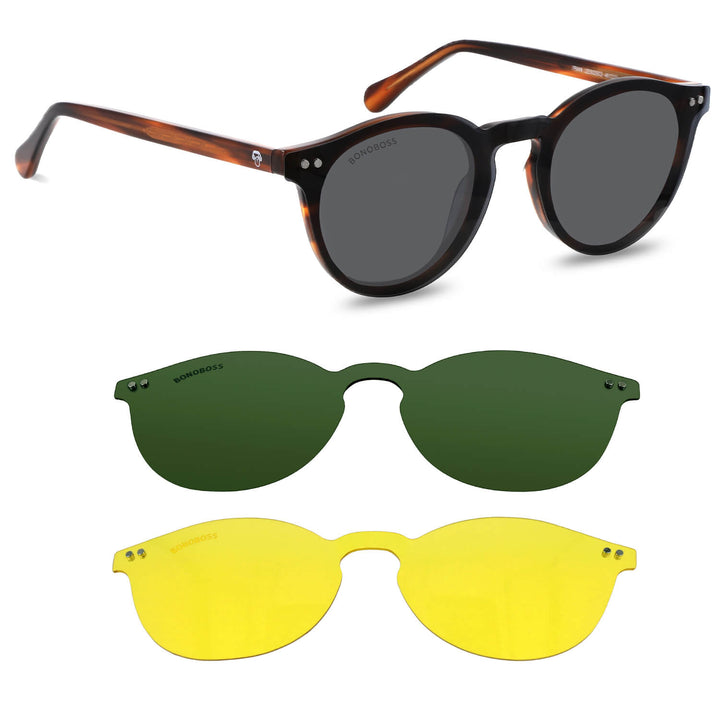 Optical frames round with sobre lente sun clip-on iman polarized for men and women tortoise angled view Bonoboss #color_carey