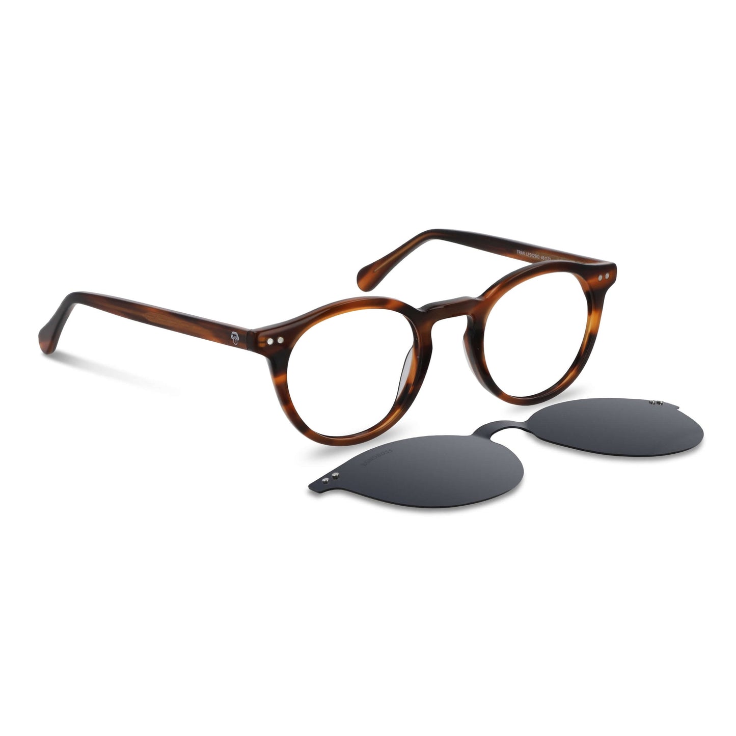 marcos opticos redondos con sobre lente clip sol iman polarizado para hombre y mujer de color carey vista angulada#color_carey