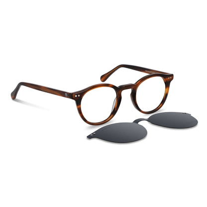 marcos opticos redondos con sobre lente clip sol iman polarizado para hombre y mujer de color carey vista angulada#color_carey