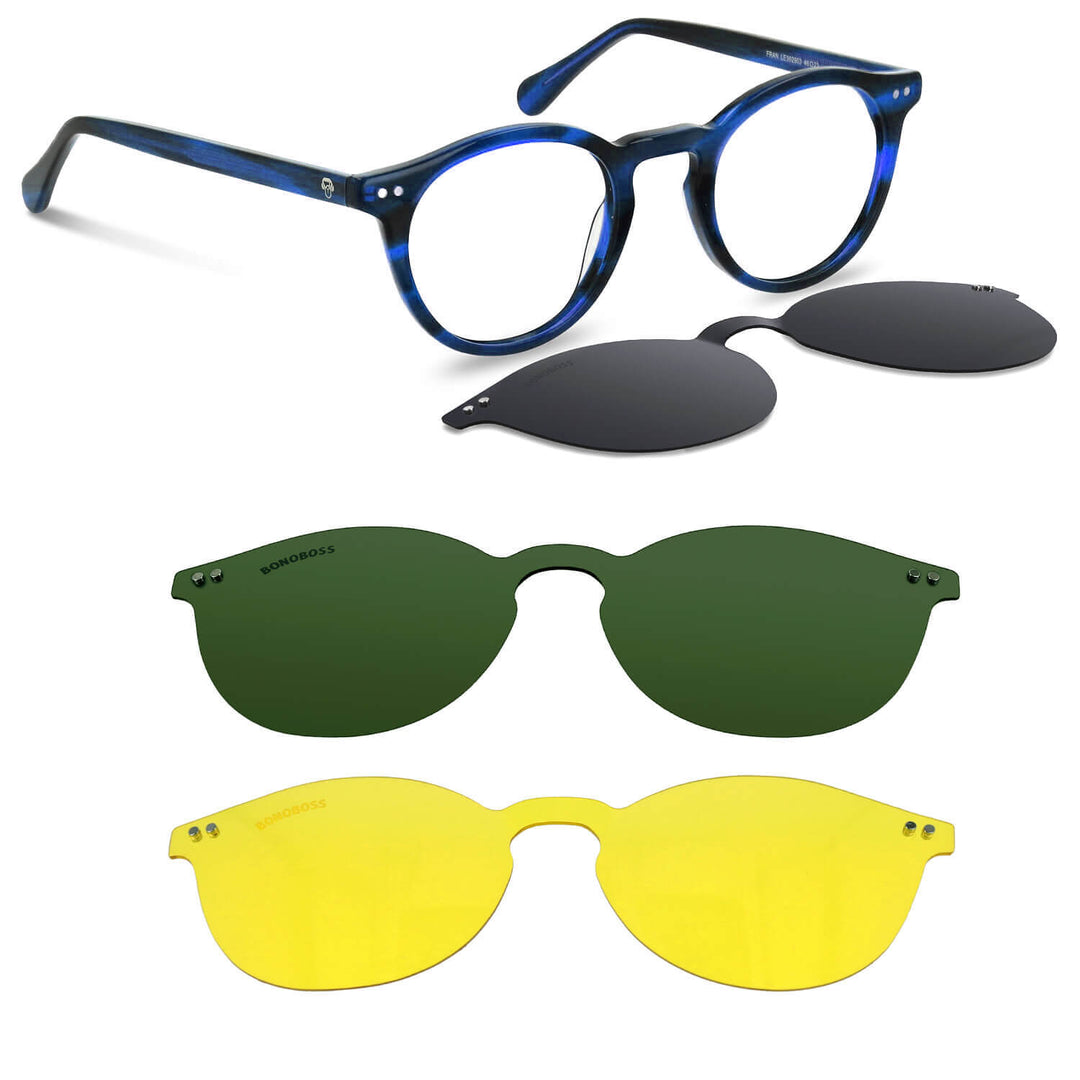 Optical frames round with sobre lente sun clip-on iman polarized for men and women tortoise angled view blue Bonoboss #color_azul