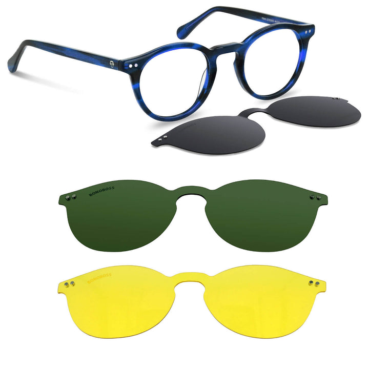 Optical frames round with sobre lente sun clip-on iman polarized for men and women tortoise angled view blue Bonoboss #color_azul