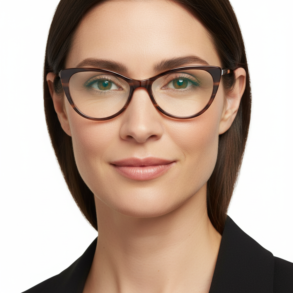 Front view a women round face ovalada utilizando eyeglasses agate pattern color marble brown, optical frames fabricados in acetate biodegradable sustainable bonoboss #color_brown