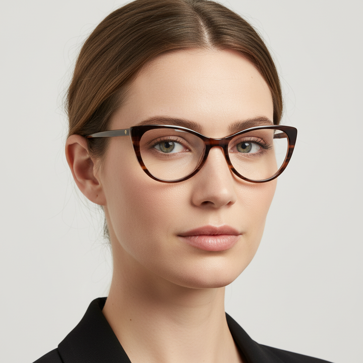 Angled view a women round face ovalada utilizando eyeglasses agate pattern color marble brown, optical frames fabricados in acetate biodegradable sustainable bonoboss #color_brown