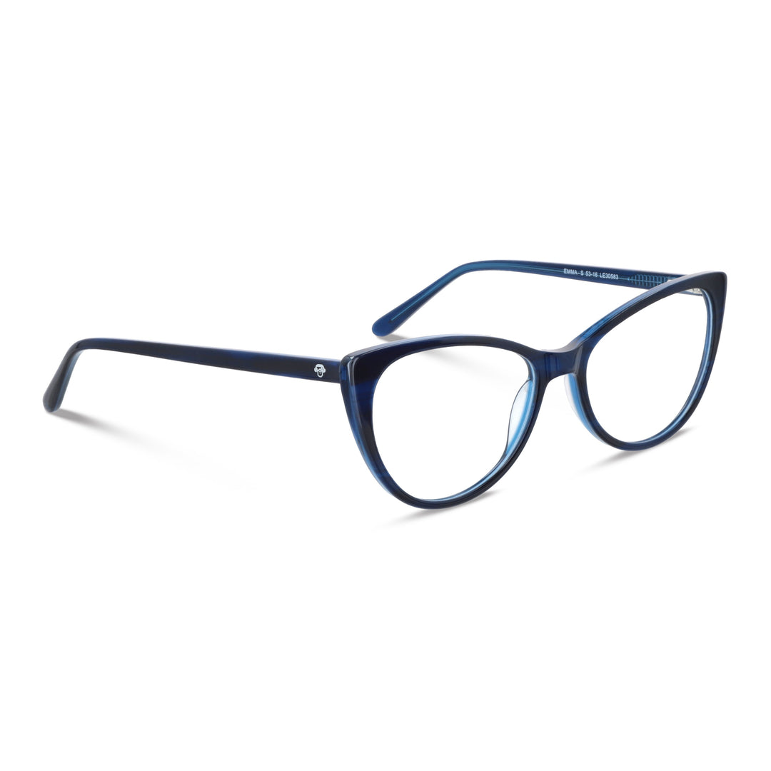 Angled view unos frames optical agate pattern blue cat eyes for women round face large, optical frames fabricados in acetate biodegradable sustainable bonoboss #color_azul