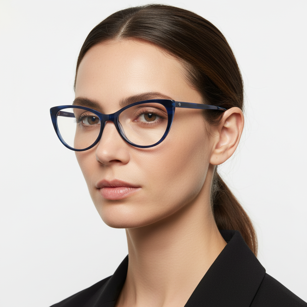 Angled view a women wearing frames optical agate pattern blue cat eyes, optical frames fabricados in acetate biodegradable sustainable bonoboss #color_azul