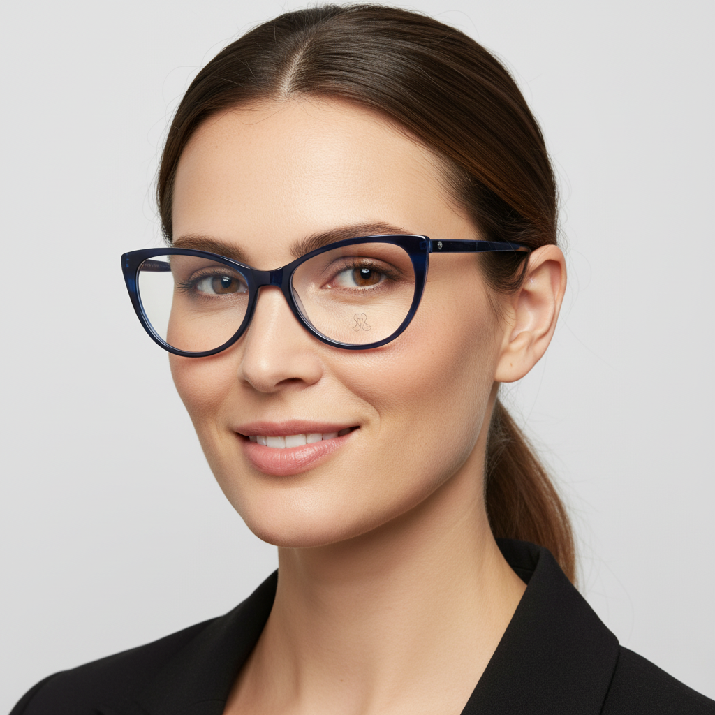Angled view a women wearing frames optical agate pattern blue cat eyes, optical frames fabricados in acetate biodegradable sustainable bonoboss #color_azul