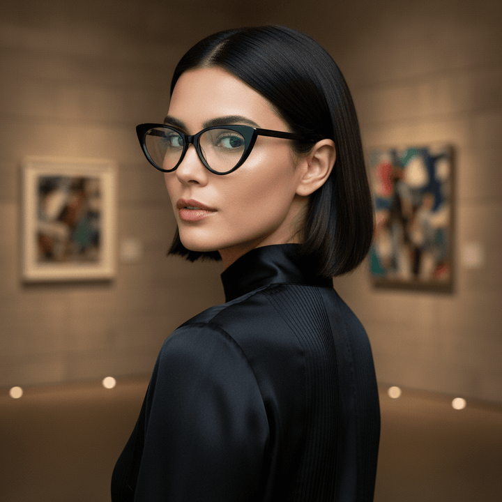 Una women sofisticada wearing optical frames frames black and forma agatada retro and moda the marca bonoboss. forma queda bien in women round face large. #color_negro