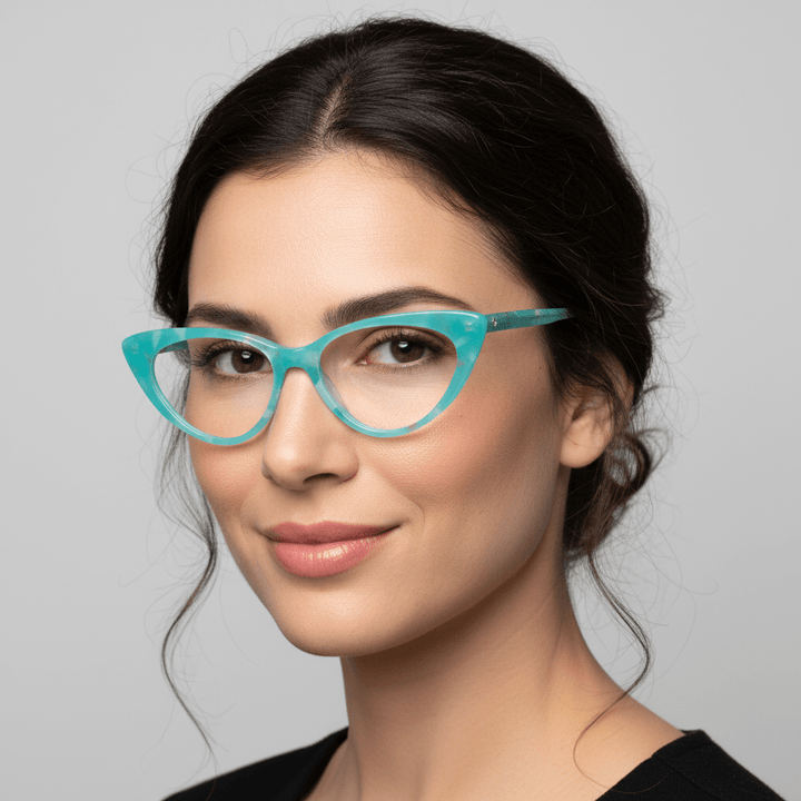 Side view a women wearing optical frames frames color calipso and forma agatada retro and moda the marca bonoboss. forma queda bien in women round face large. #color_calipso