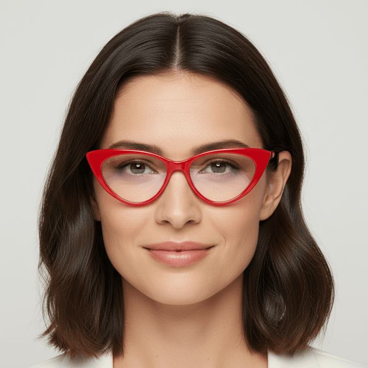 Front view a women wearing eyeglasses optical frames forma agatada and red. the frames son sustainable acetate and the marca bonoboss #color_rojo