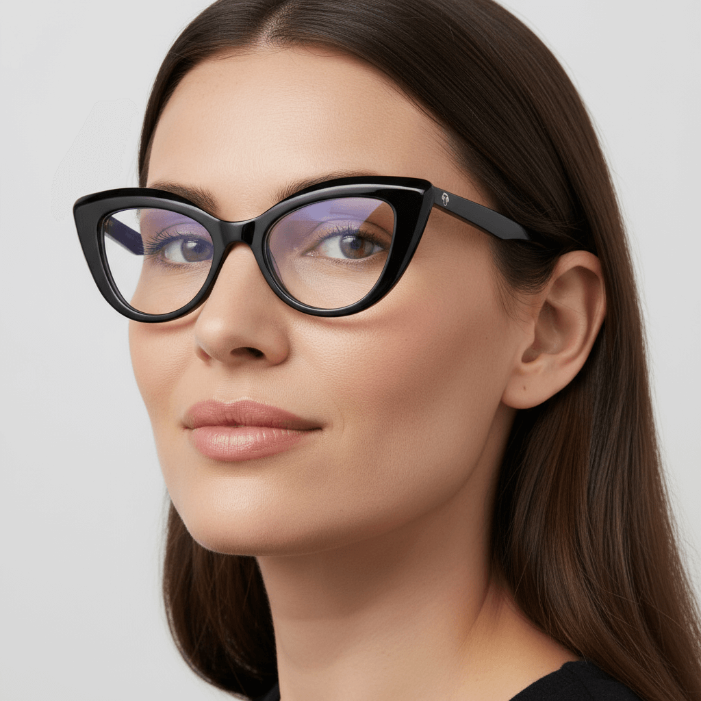 La foto side a women wearing frames optical agate pattern retro for women round face large marca bonoboss in acetate biodegradable natural black #color_negro