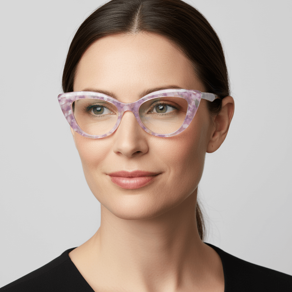 Una women mirando a 45º wearing unos optical frames agate pattern retro for women round face large marca bonoboss in acetate biodegradable natural pink #color_rosado