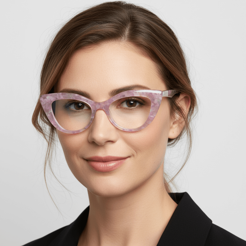 Una women pelo castaño wearing unos optical frames agate pattern retro for women round face large marca bonoboss in acetate biodegradable natural pink #color_rosado