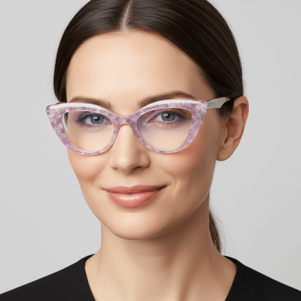 Una women ojos bluees and pelo castaño oscuro wearing unos optical frames agate pattern retro for women round face large marca bonoboss in acetate biodegradable natural pink #color_rosado