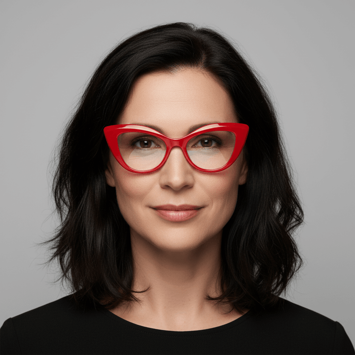 Una women pelo black suelto in front view wearing frames or optical frames red the marca bonoboss fabricandos in acetate biodegradable sustainable red #color_rojo
