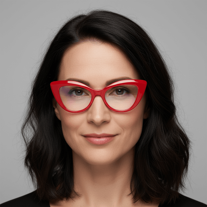 Una women pelo black suelto in front view wearing frames or optical frames red the marca bonoboss fabricandos in acetate biodegradable sustainable red #color_rojo
