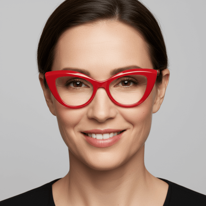 Una women ojos marrones front view wearing frames or optical frames red the marca bonoboss fabricandos in acetate biodegradable sustainable red #color_rojo