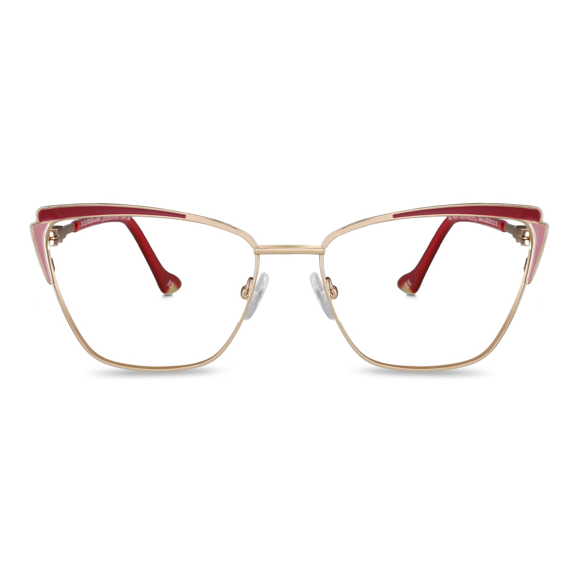 anteojos metálicos agatados de color dorado y rojo para mujer de cara redonda grande. Armazones y lentes opticos por mayor, mayorista de opticas de lentes sustentables#color_rojo