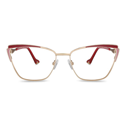 anteojos metálicos agatados de color dorado y rojo para mujer de cara redonda grande. Armazones y lentes opticos por mayor, mayorista de opticas de lentes sustentables#color_rojo