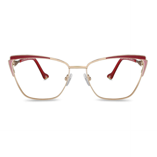 anteojos metálicos agatados de color dorado y rojo para mujer de cara redonda grande. Armazones y lentes opticos por mayor, mayorista de opticas de lentes sustentables#color_rojo