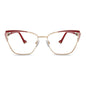 anteojos metálicos agatados de color dorado y rojo para mujer de cara redonda grande. Armazones y lentes opticos por mayor, mayorista de opticas de lentes sustentables#color_rojo