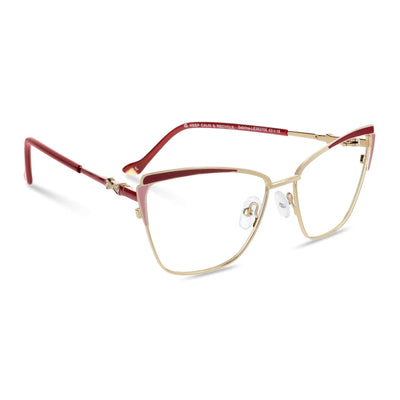 anteojos metálicos agatados de color dorado y rojo para mujer de cara redonda grande. Armazones y lentes opticos por mayor, mayorista de opticas de lentes sustentables vista frontal