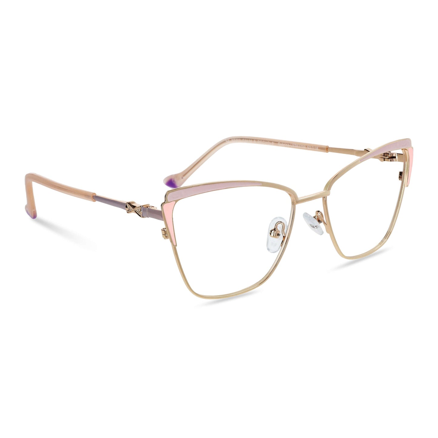 anteojos metálicos agatados de color dorado y rosado para mujer de cara redonda grande. Armazones y lentes opticos por mayor, mayorista de opticas de lentes sustentables vista lateral#color_rosado