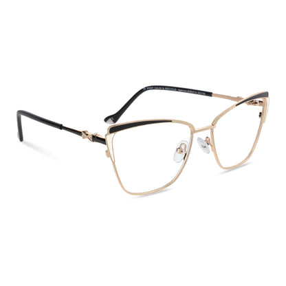 anteojos metálicos agatados de color dorado y negro para mujer de cara redonda grande. Armazones y lentes opticos por mayor, mayorista de opticas de lentes sustentables vista lateral angulada#color_negro