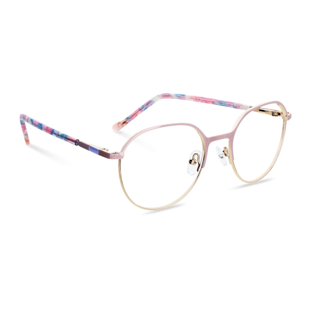 Eyeglasses pink with the parte bottom color dorada and plaquetas silicona. temples with detalles internos white, blue, celeste que combinan muy bien with the frente. lenses optical for kids and kids with cristales prescription incluidos and envío gratis. distribuidor and optical wholesale frames sustainables angled view or side Bonoboss #color_rosado