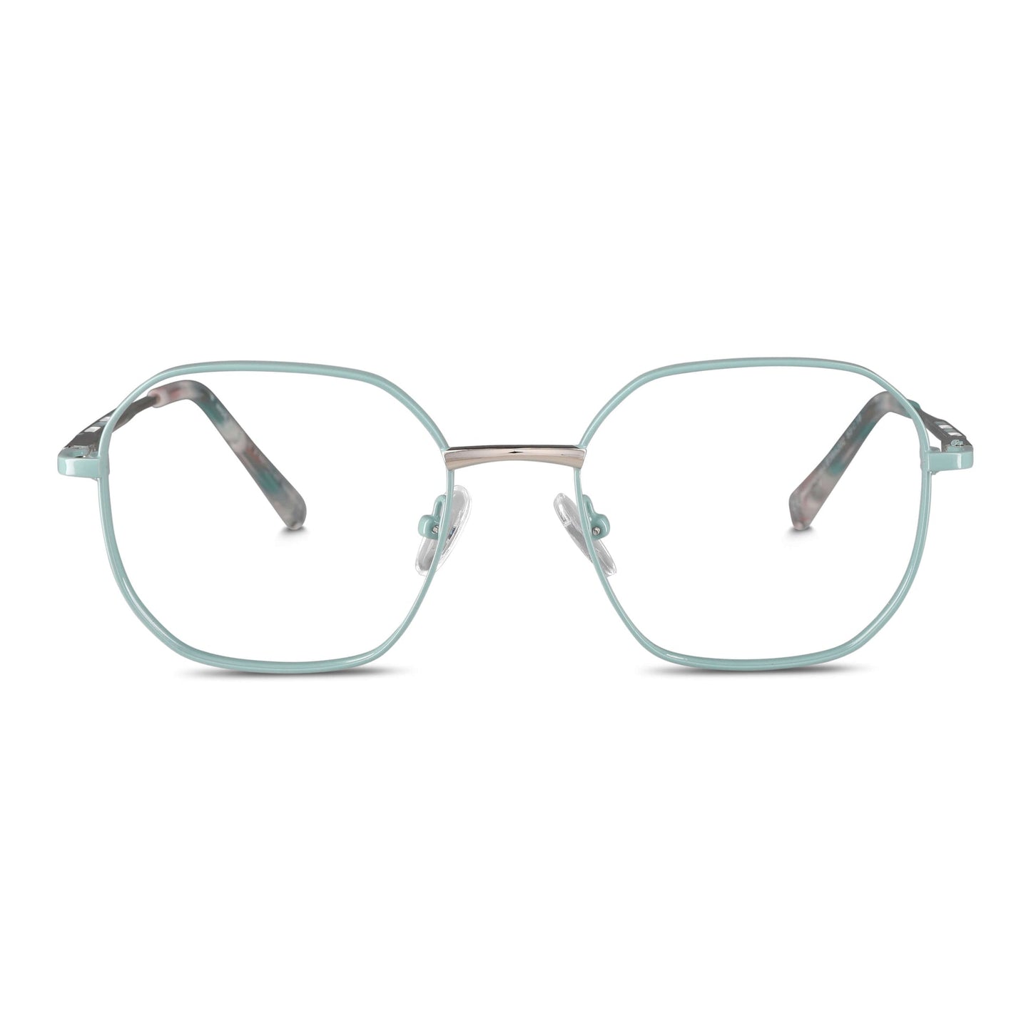 armazones opticos de color calipso de forma octagonal con puente metalico y plaquetas de silicona vista frontal. Anteojos que quedan bien en hombre y mujer de cara redonda y ovalada grande. Bonoboss distribuidor y mayorista de opticas de lentes sustentables #color_verde