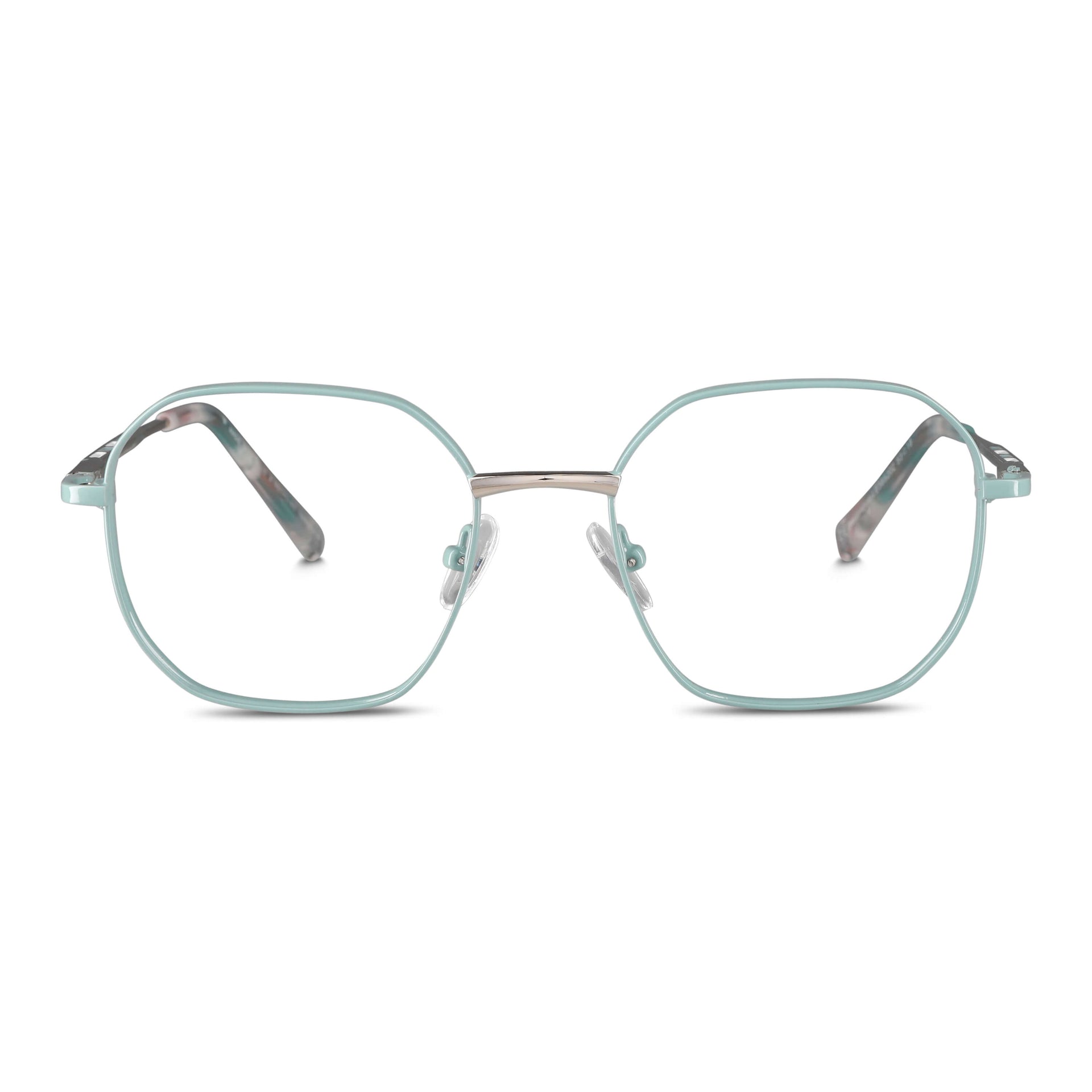 armazones opticos de color calipso de forma octagonal con puente metalico y plaquetas de silicona vista frontal. Anteojos que quedan bien en hombre y mujer de cara redonda y ovalada grande. Bonoboss distribuidor y mayorista de opticas de lentes sustentables #color_verde