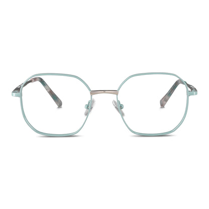 armazones opticos de color calipso de forma octagonal con puente metalico y plaquetas de silicona vista frontal. Anteojos que quedan bien en hombre y mujer de cara redonda y ovalada grande. Bonoboss distribuidor y mayorista de opticas de lentes sustentables #color_verde