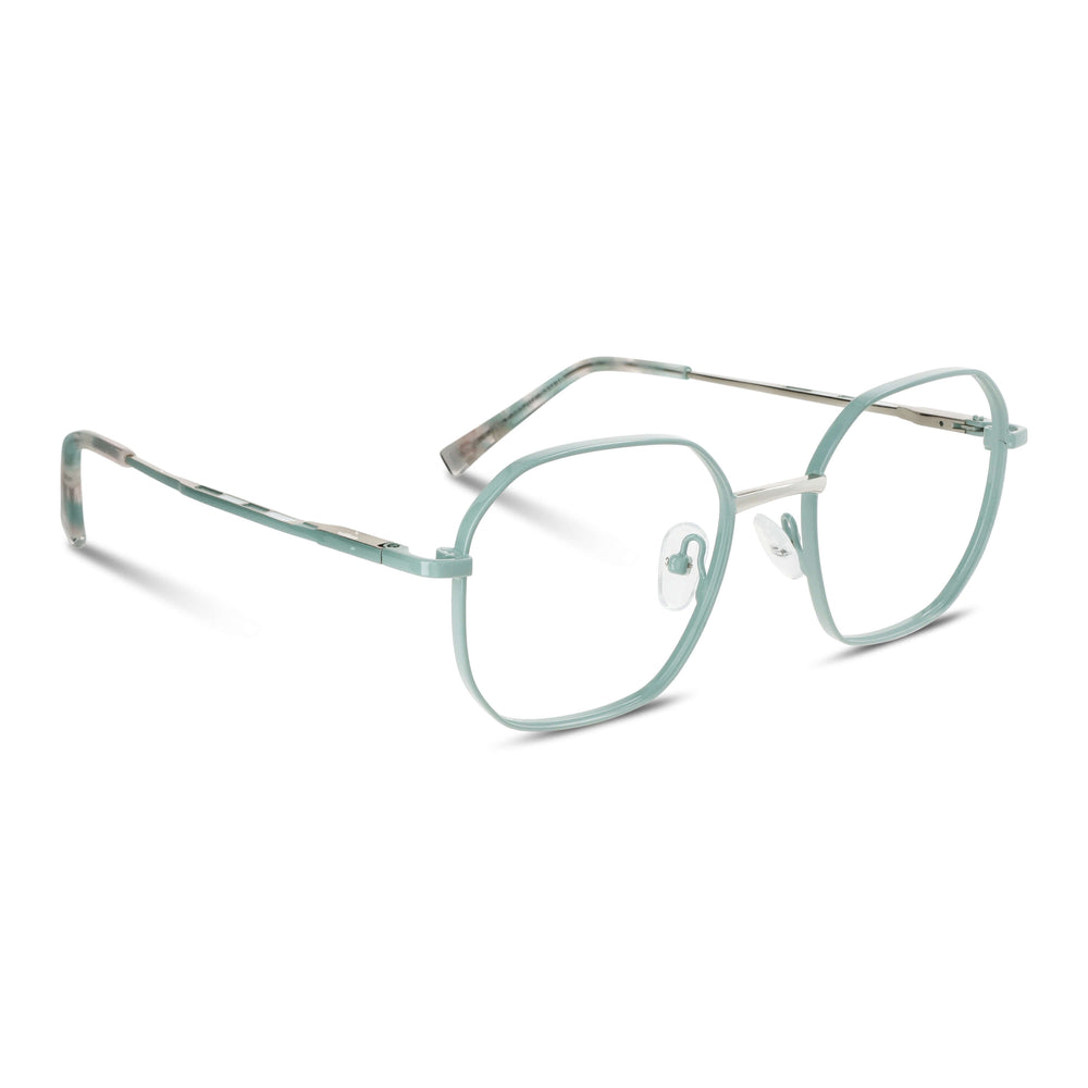 Frames optical color calipso forma octagonal with puente metalico and plaquetas silicona angled view side. eyeglasses que quedan bien in men and women round face and ovalada large. bonoboss distribuidor and optical wholesale lenses sustainables #color_verde