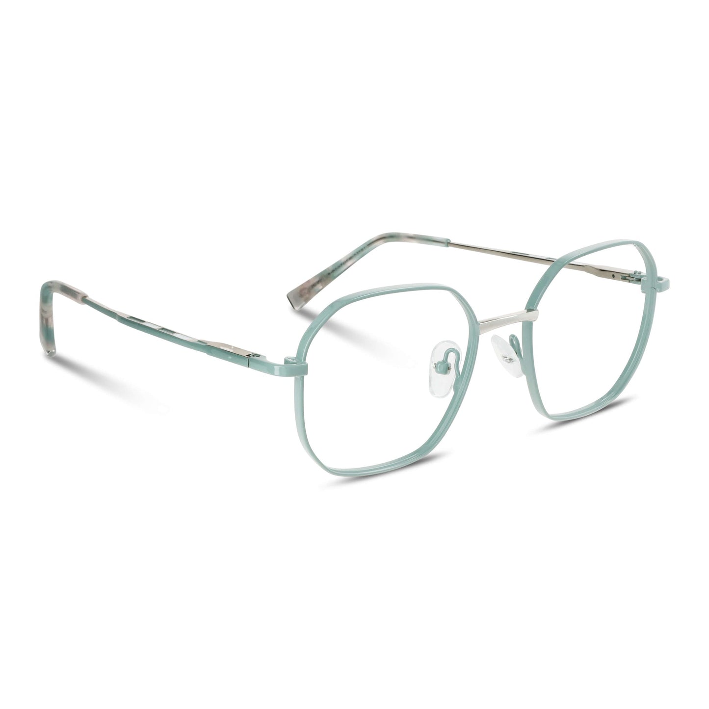 armazones opticos de color calipso de forma octagonal con puente metalico y plaquetas de silicona vista angulada lateral. Anteojos que quedan bien en hombre y mujer de cara redonda y ovalada grande. Bonoboss distribuidor y mayorista de opticas de lentes sustentables #color_verde