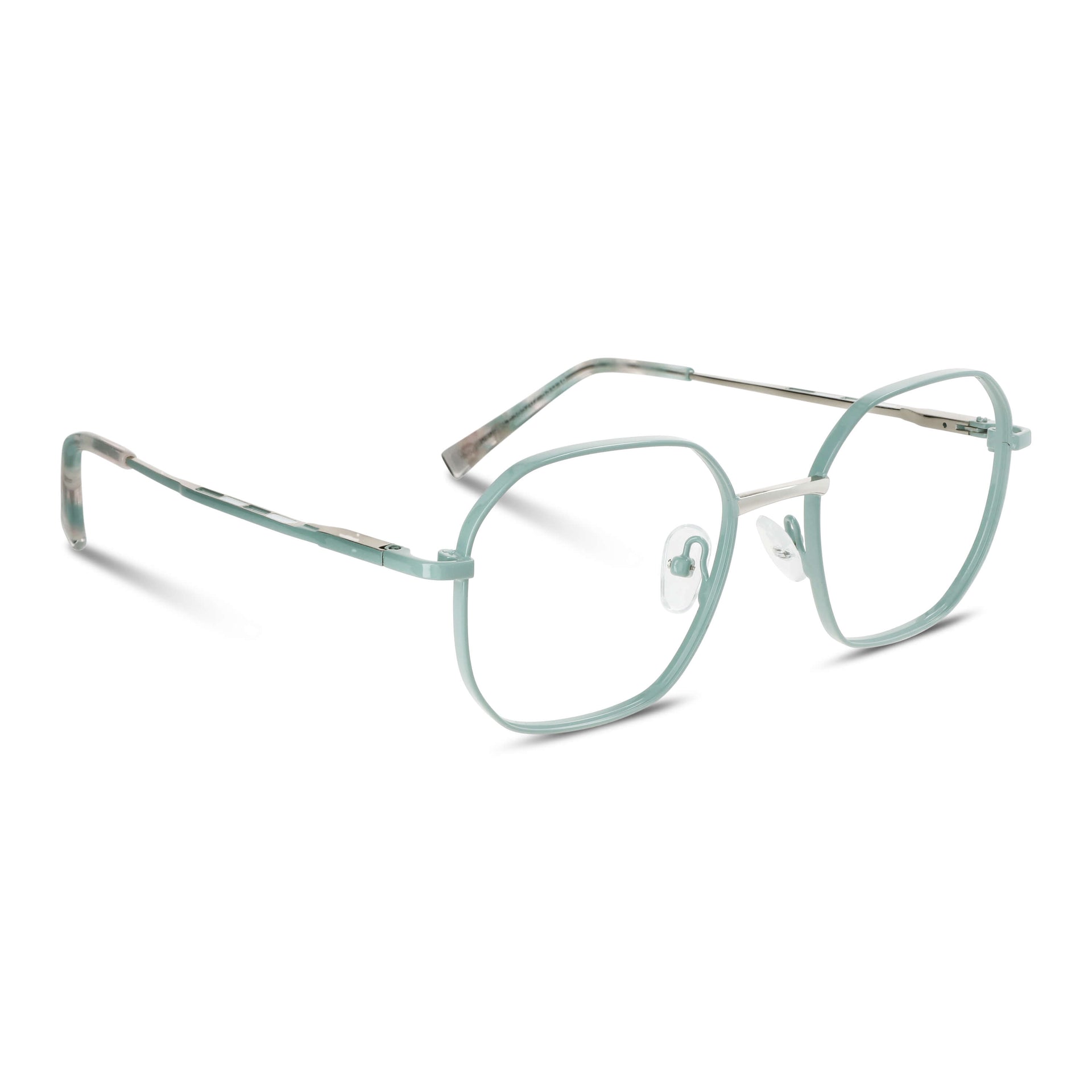 armazones opticos de color calipso de forma octagonal con puente metalico y plaquetas de silicona vista angulada lateral. Anteojos que quedan bien en hombre y mujer de cara redonda y ovalada grande. Bonoboss distribuidor y mayorista de opticas de lentes sustentables #color_verde