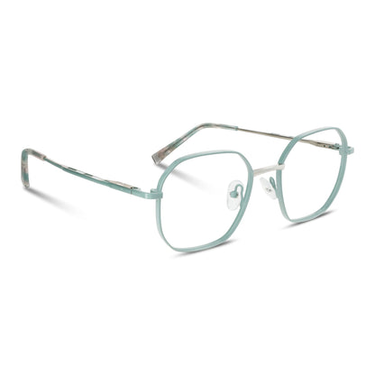 armazones opticos de color calipso de forma octagonal con puente metalico y plaquetas de silicona vista angulada lateral. Anteojos que quedan bien en hombre y mujer de cara redonda y ovalada grande. Bonoboss distribuidor y mayorista de opticas de lentes sustentables #color_verde