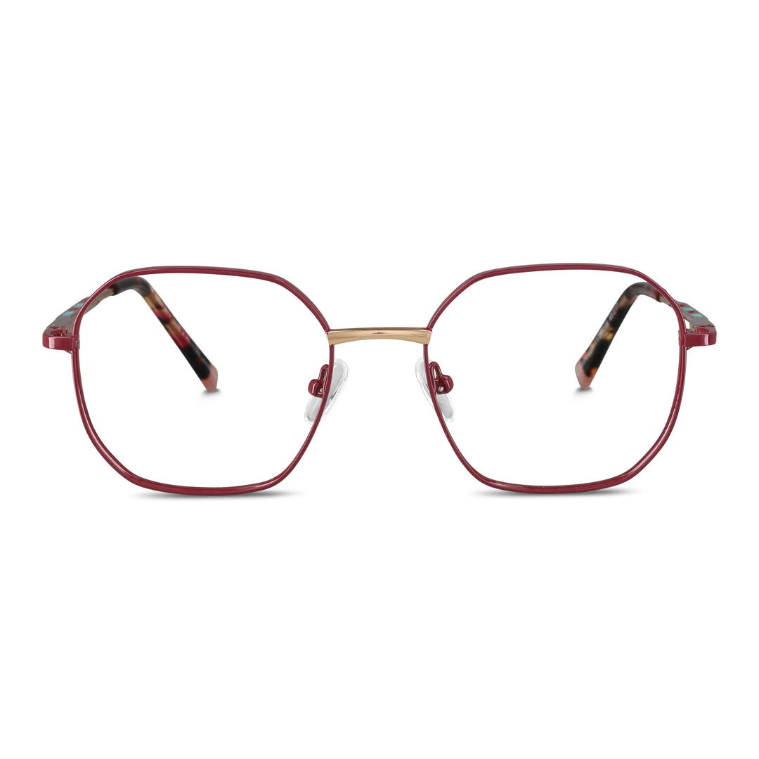 Frames optical red oscuro terminación matte forma octagonal with puente metalico and plaquetas silicona front view. eyeglasses que quedan bien in men and women round face and ovalada large. bonoboss distribuidor and optical wholesale lenses sustainables #color_rojo
