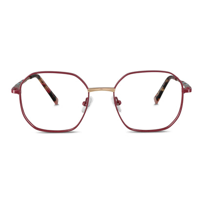 armazones opticos de color rojo oscuro terminación matte de forma octagonal con puente metalico y plaquetas de silicona vista frontal. Anteojos que quedan bien en hombre y mujer de cara redonda y ovalada grande. Bonoboss distribuidor y mayorista de opticas de lentes sustentables#color_rojo