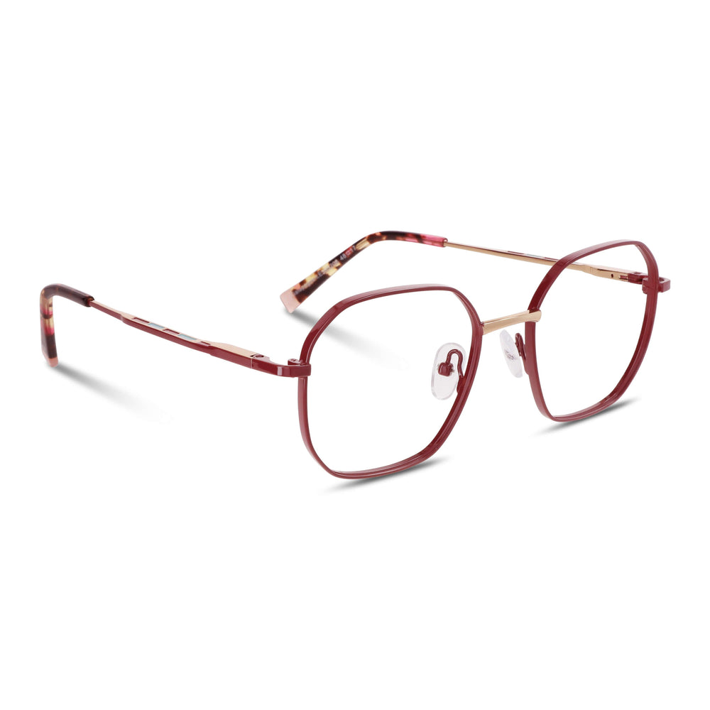 Frames optical red oscuro terminación matte forma octagonal with puente metalico and temples with terminación acetate pink and amarillo interno. plaquetas silicona angled view side. eyeglasses que quedan bien in men and women round face and ovalada large. bonoboss distribuidor and optical wholesale lenses sustainables #color_rojo