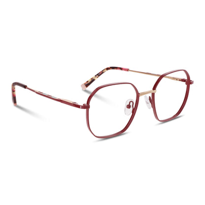 armazones opticos de color rojo oscuro terminación matte de forma octagonal con puente metalico y varillas con terminación de acetato de color rosado y amarillo interno. plaquetas de silicona vista angulada lateral. Anteojos que quedan bien en hombre y mujer de cara redonda y ovalada grande. Bonoboss distribuidor y mayorista de opticas de lentes sustentables#color_rojo